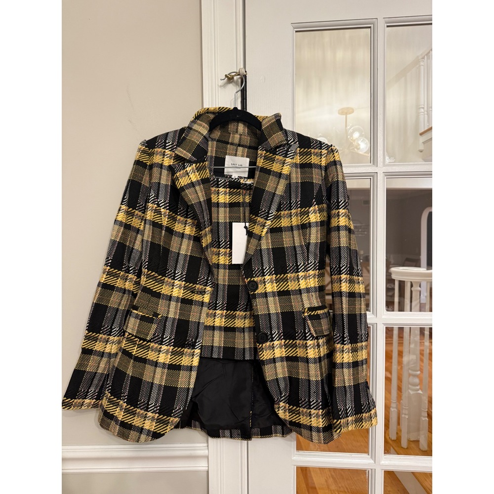 Grey Lab Plaid Blazer and Mini Skirt Set Yellow Black RS306K Womens Medium